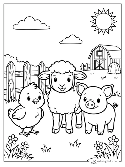 Cute chick, lamb, and piglet smiling by a wooden fence, barn, flowers, clouds, and sun