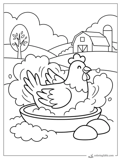 Minimalist chicken coloring page with a hen dust bathing in a bowl, farm hills, tree, barn, silo, and eggs.