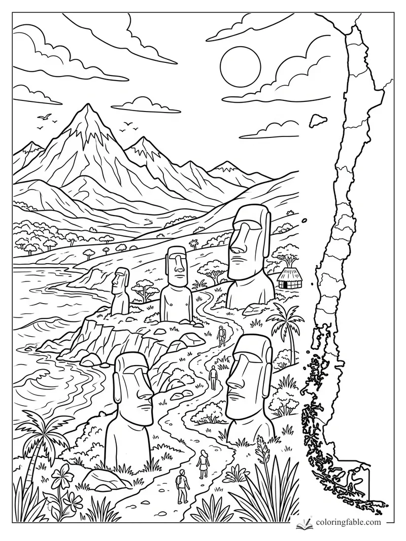 Chile coloring page with moai statues, Andes mountains, Pacific waves, and a long country map outline