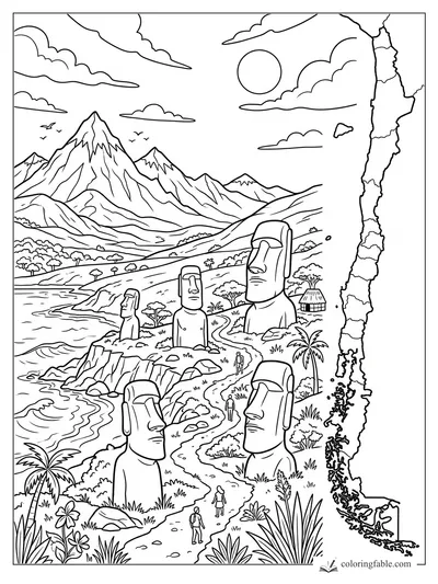 Chile coloring page with moai statues, Andes mountains, Pacific waves, and a long country map outline