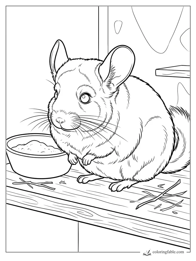 Realistic chinchilla with big ears beside a food bowl on a wooden shelf with scattered sticks
