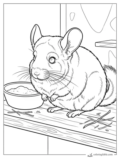 Realistic chinchilla with big ears beside a food bowl on a wooden shelf with scattered sticks