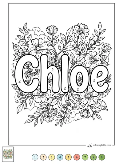 Chloe Name with Blooming Garden Letters — color by number