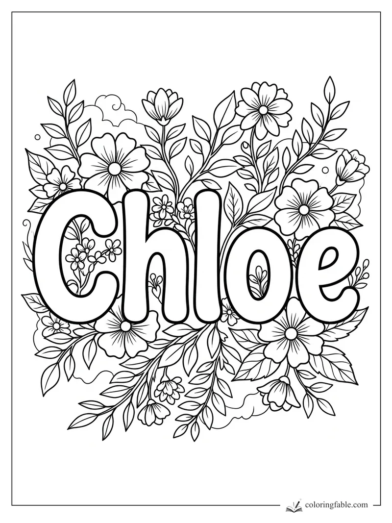 Chloe bubble letters surrounded by flowers, leafy vines, buds, and tiny berries to color