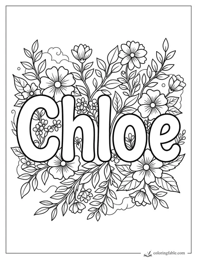 Chloe bubble letters surrounded by flowers, leafy vines, buds, and tiny berries to color