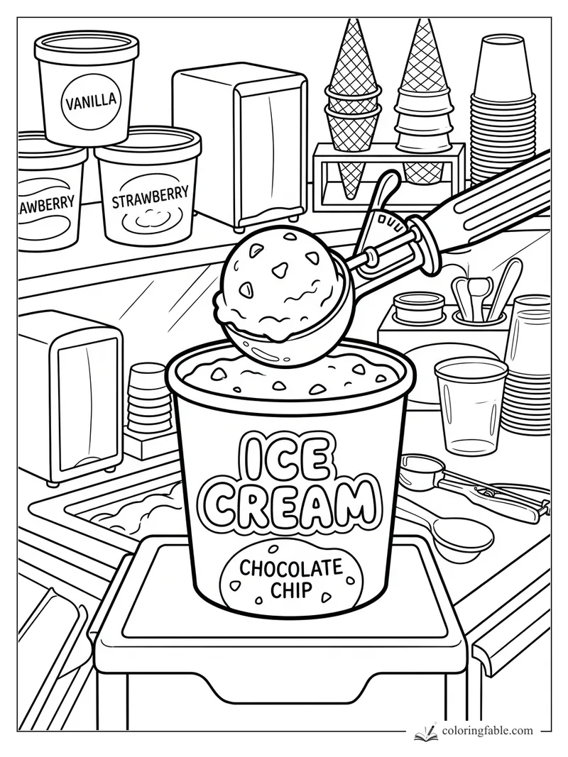 Chocolate chip ice cream tub with a scoop, cones, cups, and flavor tubs behind the counter