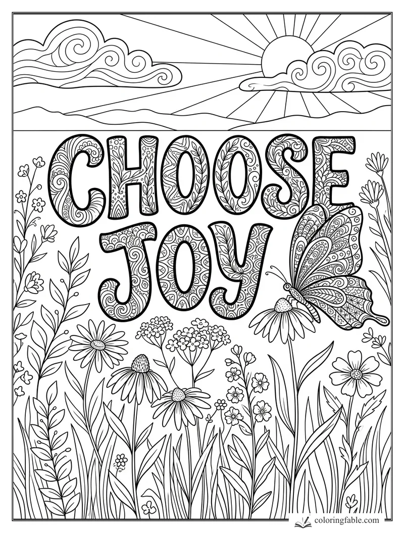 Intricate Choose Joy affirmation with zentangle letters, sunrise, clouds, wildflowers, and butterfly