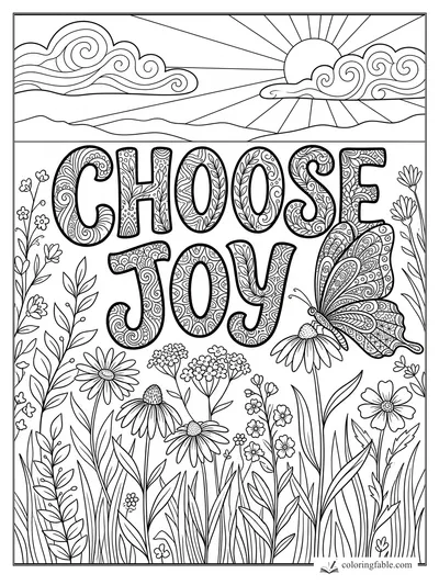 Intricate Choose Joy affirmation with zentangle letters, sunrise, clouds, wildflowers, and butterfly