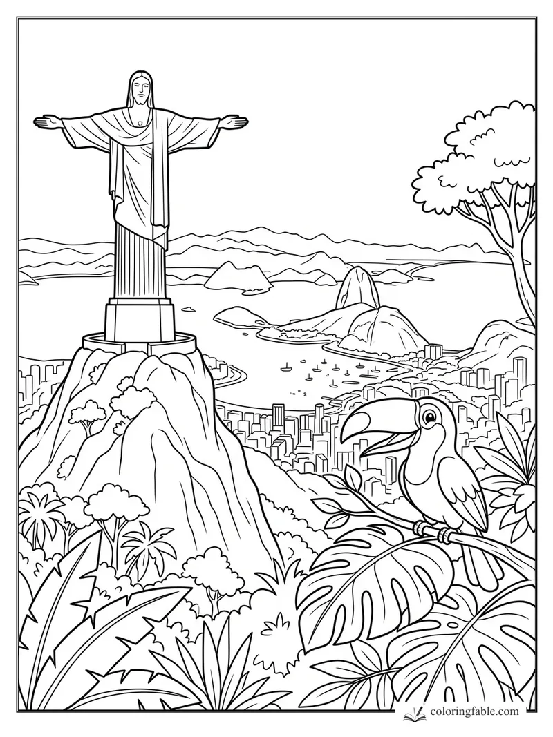 Christ the Redeemer overlooking Rio, Sugarloaf Mountain, bay, jungle leaves, and a toucan.
