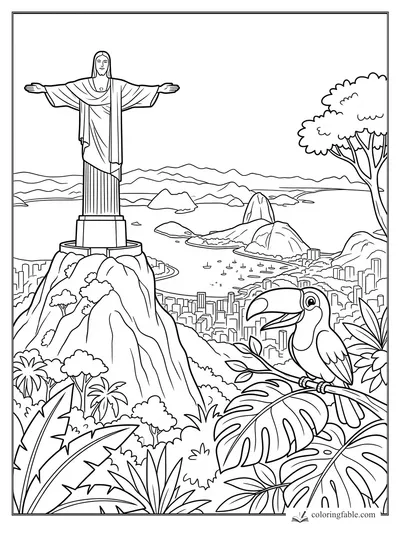 Christ the Redeemer overlooking Rio, Sugarloaf Mountain, bay, jungle leaves, and a toucan.