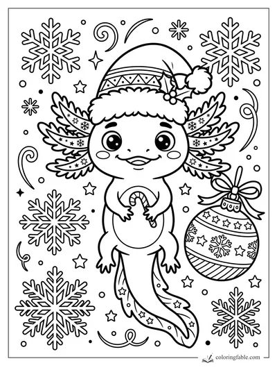 Cute axolotl in a Santa hat holding a candy cane, surrounded by snowflakes, stars, and a Christmas ornament.