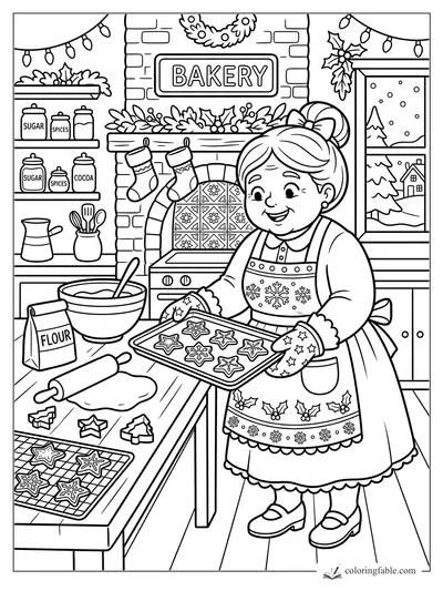 Smiling baker holds a tray of star cookies in a Christmas bakery with stockings, wreaths, and snowy window.