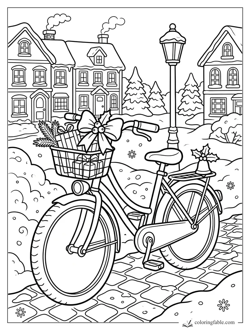 Christmas bicycle with gift basket, big bow, holly bell, lamppost, snowy houses, and pine trees