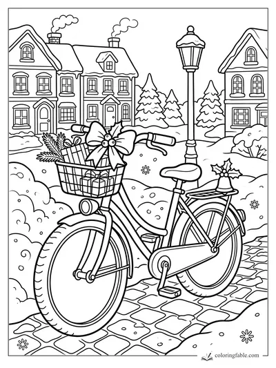Christmas bicycle with gift basket, big bow, holly bell, lamppost, snowy houses, and pine trees