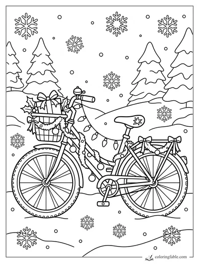 Cartoon bicycle with a gift basket, garland, bows, lights, snowflakes, and pine trees in winter.
