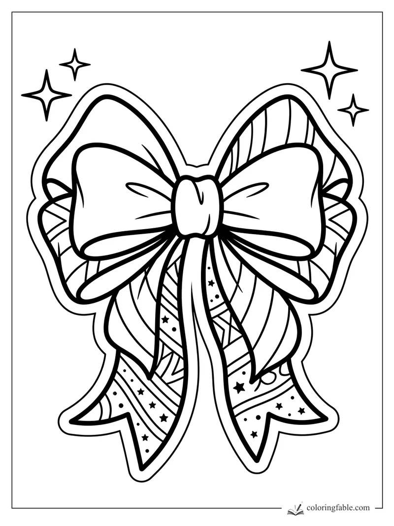 Christmas bow sticker with striped ribbon tails, tiny stars, dots, and four sparkle shapes