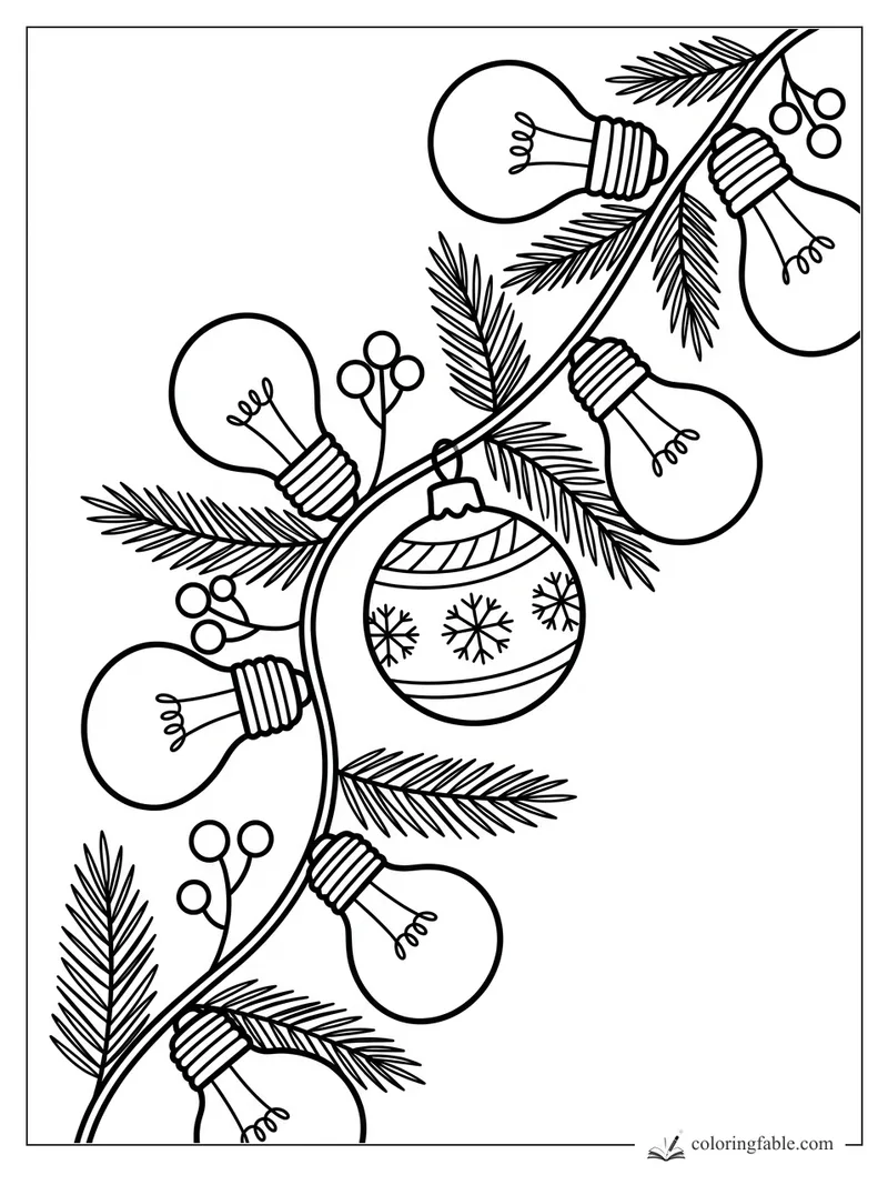 Minimalist Christmas garland with round light bulbs, pine sprigs, berries, and a snowflake ornament