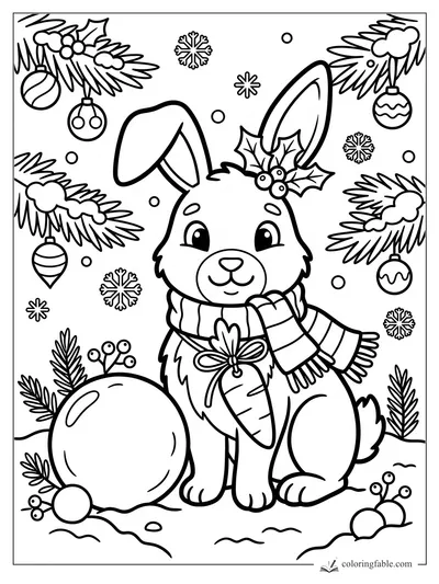 Cute Christmas bunny in scarf holding a carrot gift beside ornaments, pine branches, holly, and snowflakes.