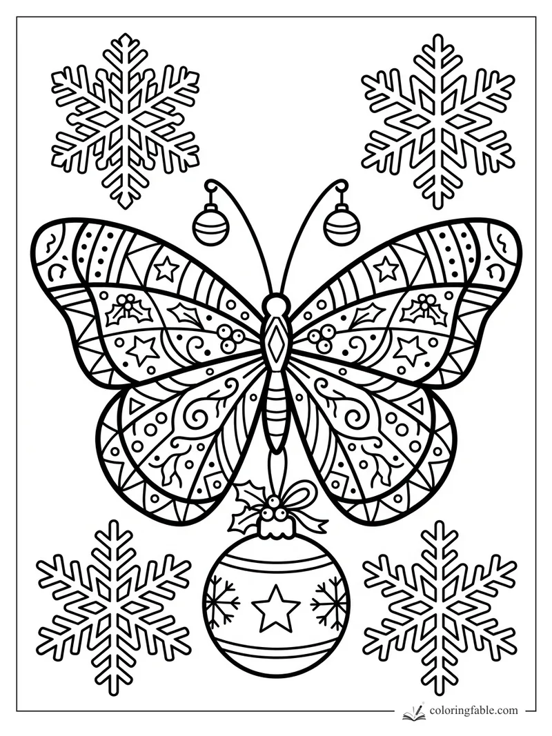 Christmas butterfly coloring page with patterned wings, snowflakes, holly, stars, and hanging ornaments.
