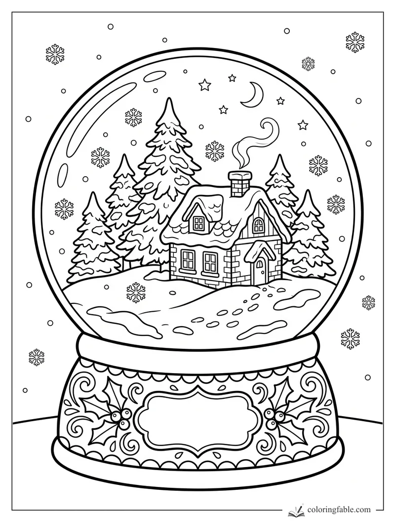 Christmas snow globe coloring page with snowy cabin, pine trees, moon, stars, holly base, and falling snowflakes