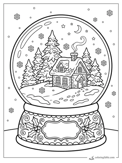 Christmas snow globe coloring page with snowy cabin, pine trees, moon, stars, holly base, and falling snowflakes