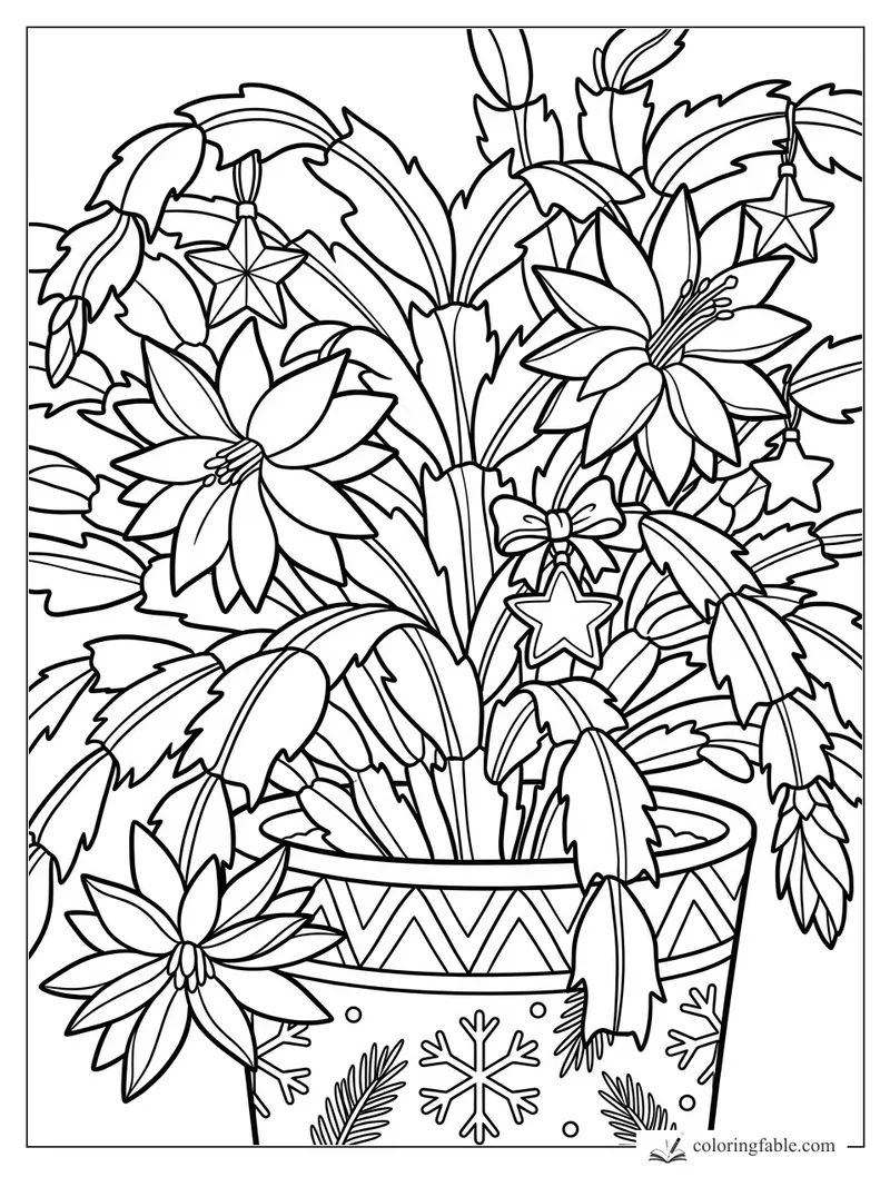 Christmas cactus coloring page with blooming flowers, dangling star ornaments, and a patterned holiday pot