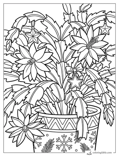 Christmas cactus coloring page with blooming flowers, dangling star ornaments, and a patterned holiday pot