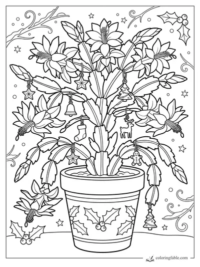 Christmas cactus in a pot with poinsettia-like blooms, holly, stars, and tiny hanging ornaments