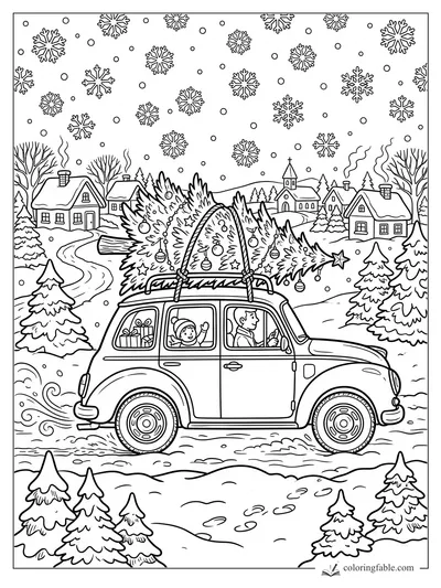 Cartoon car with a giant decorated Christmas tree on top driving through a snowy village.