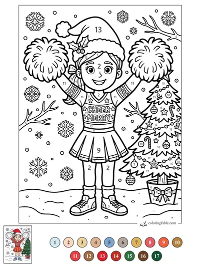 Christmas Cheerleader with Pom-Poms in the Snow — color by number