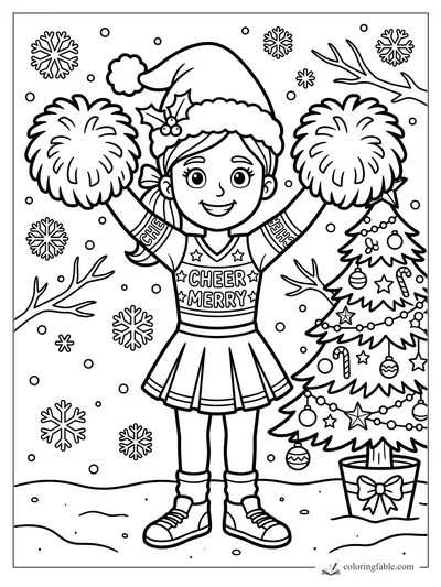 Cartoon Christmas cheerleader with pom-poms, Santa hat, snowflakes, and decorated tree