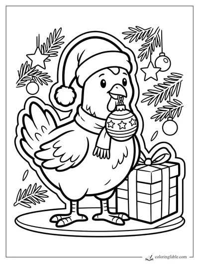 Sticker-style Christmas chicken wearing a Santa hat, holding a star ornament beside a wrapped gift.
