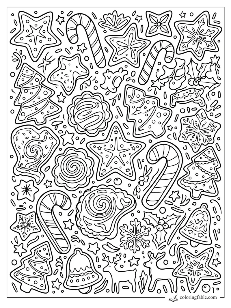 Christmas cookie doodle coloring page with candy canes, stars, trees, bells, holly, and snowflakes