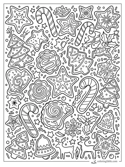 Christmas cookie doodle coloring page with candy canes, stars, trees, bells, holly, and snowflakes