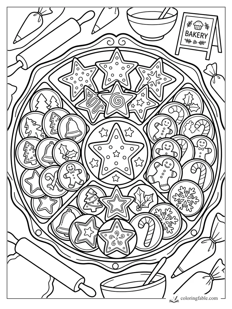 Christmas cookie tray with star, gingerbread, candy cane, bell, holly and snowflake cookies in a bakery scene