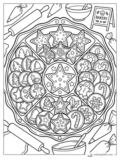 Christmas cookie tray with star, gingerbread, candy cane, bell, holly and snowflake cookies in a bakery scene