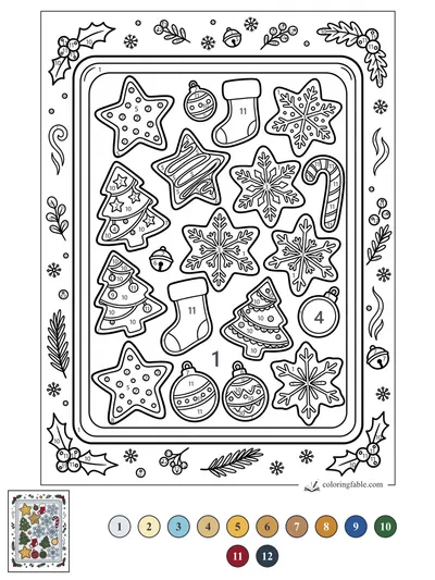 Christmas Cookie Tray with Stars, Snowflakes, Stockings, and Ornaments — color by number