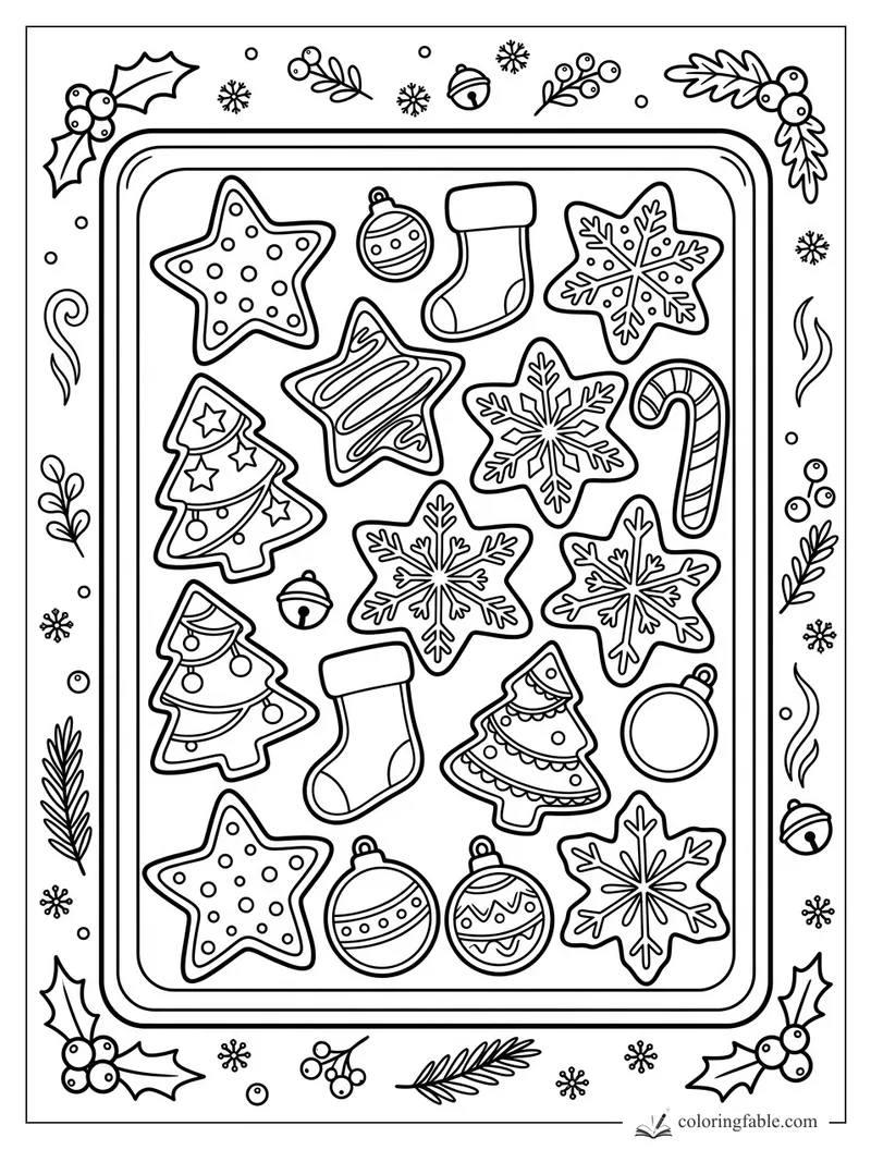 Christmas cookie tray with star, snowflake, stocking, tree, candy cane, and ornament cookies