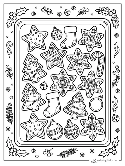 Christmas cookie tray with star, snowflake, stocking, tree, candy cane, and ornament cookies