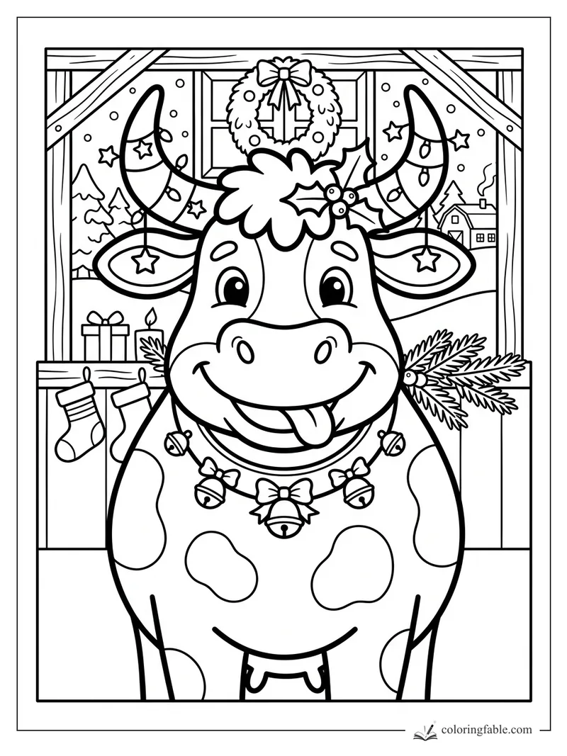Smiling Christmas cow with decorated horns, jingle bells, wreath, stockings, and snowy barn window.