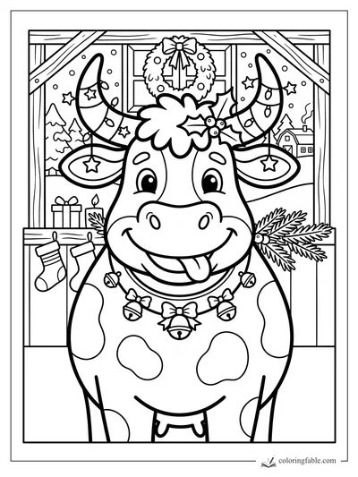 Smiling Christmas cow with decorated horns, jingle bells, wreath, stockings, and snowy barn window.