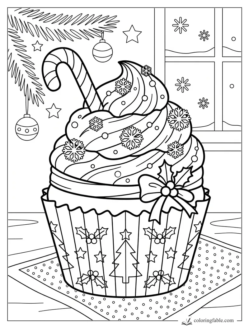 Christmas cupcake with swirled frosting, candy cane, bow, snowflakes, ornaments, and snowy window