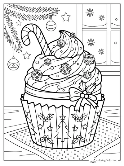 Christmas cupcake with swirled frosting, candy cane, bow, snowflakes, ornaments, and snowy window