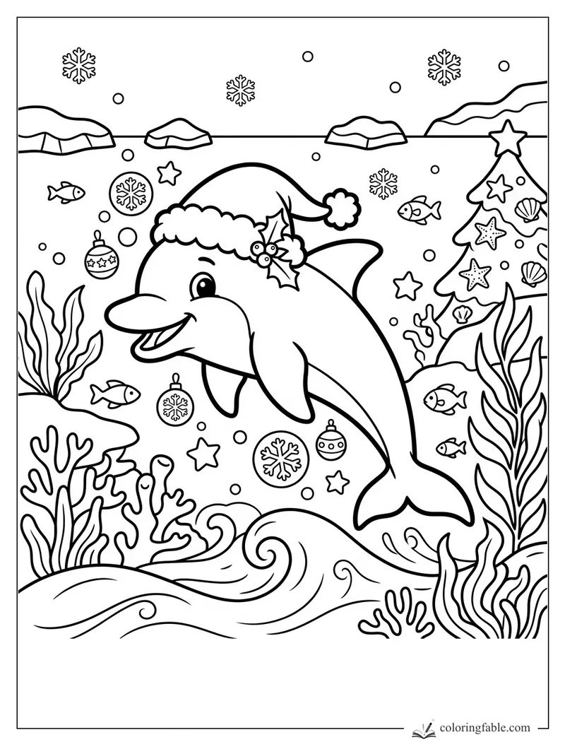 Cartoon dolphin in a Santa hat swimming past ornaments, snowflakes, fish, coral, and an undersea Christmas tree.