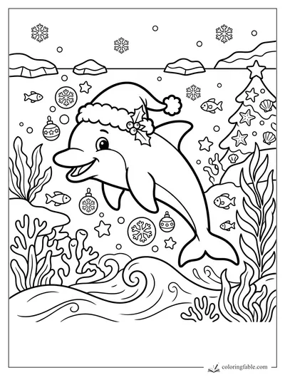 Cartoon dolphin in a Santa hat swimming past ornaments, snowflakes, fish, coral, and an undersea Christmas tree.