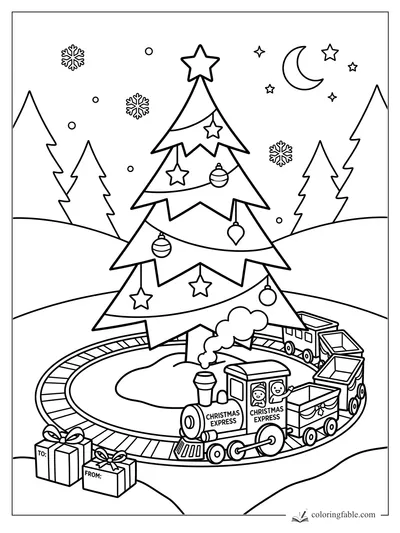 Cartoon Christmas tree with ornaments, moon, snowflakes, gifts, and a toy train on a round track.