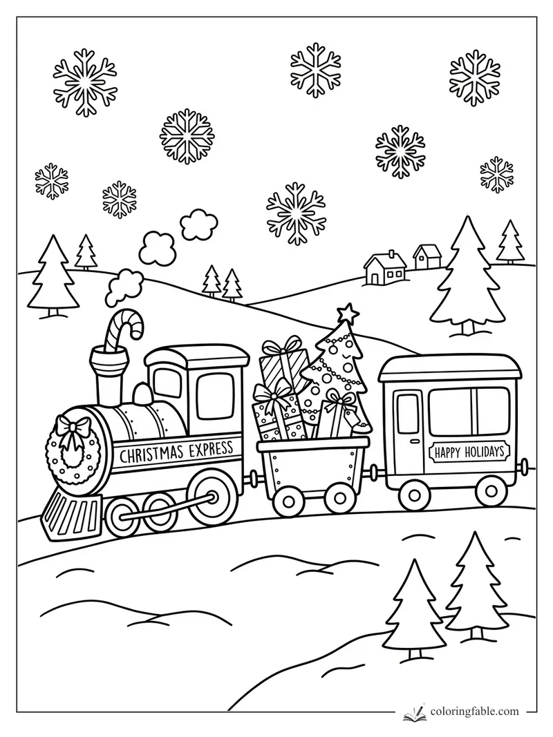 Cartoon Christmas Express train with gifts, tree, snowflakes, pines, and holiday passenger car