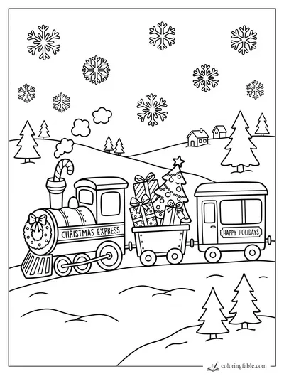 Cartoon Christmas Express train with gifts, tree, snowflakes, pines, and holiday passenger car