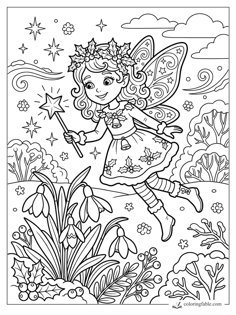 Christmas fairy with holly crown, star wand, patterned wings, snowdrops, snowy bushes, and swirling sky