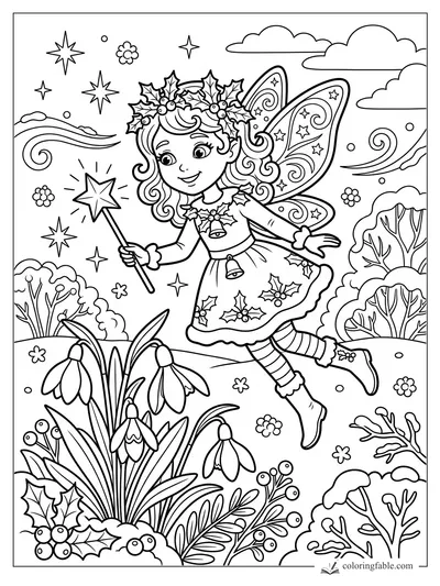 Christmas fairy with holly crown, star wand, patterned wings, snowdrops, snowy bushes, and swirling sky